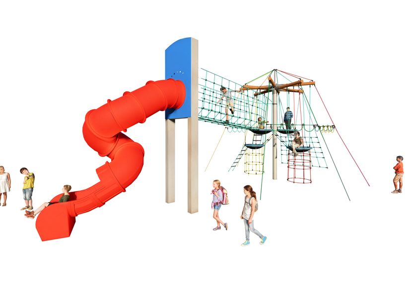 Bird’s Nest Tree, with bridge and spiral slide, wood